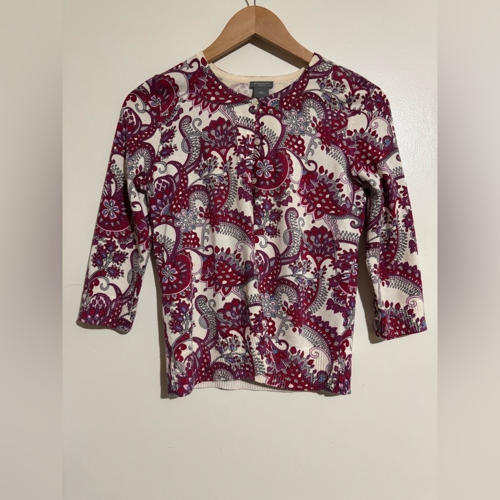 Ann Taylor Red and White Paisley Patterned Cardigan Small Petite